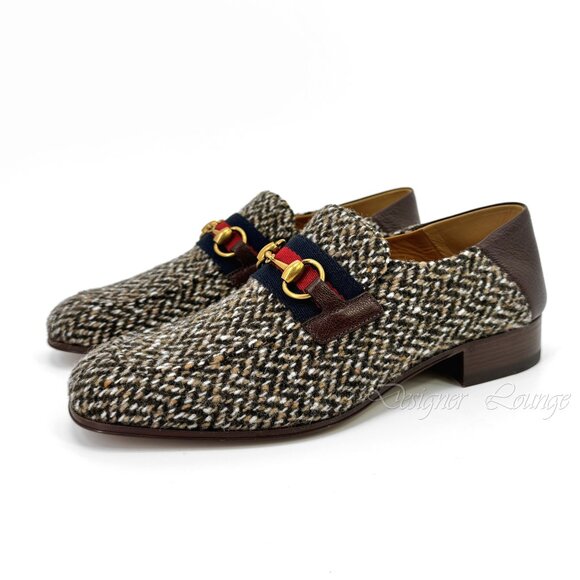 NEW GUCCI Horsebit Herringbone Tweed & Leather Loafers G 8 / US 8.5 Authentic - Picture 2 of 10